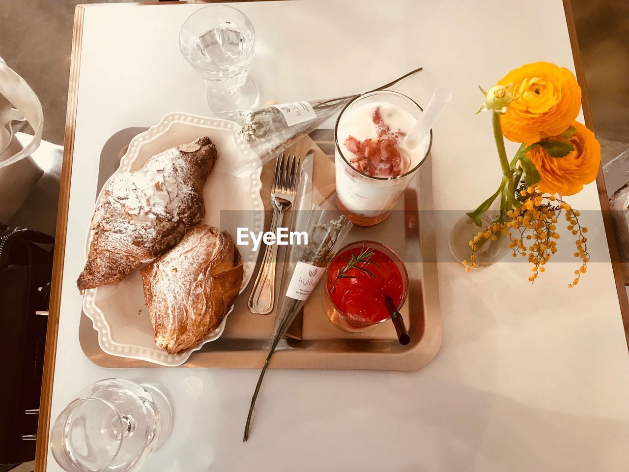 HIGH ANGLE VIEW OF BREAKFAST SERVED ON TABLE IN TRAY