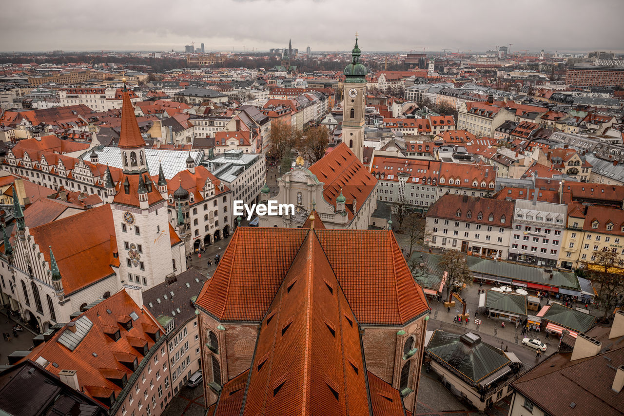 High angle shot of townscape against sky