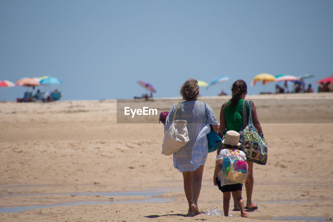 REAR VIEW OF WOMEN WALKING ON BEACH