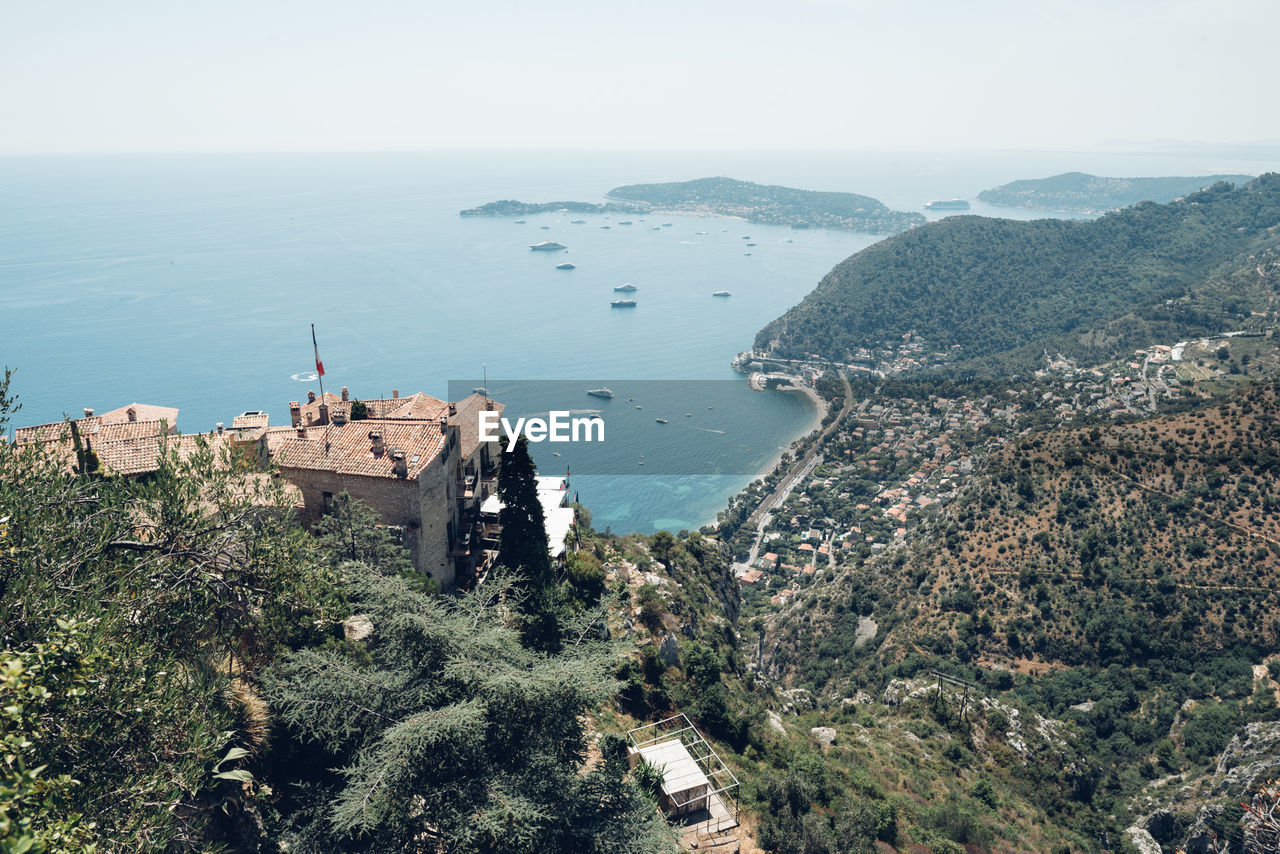 High angle view of sea against clear sky