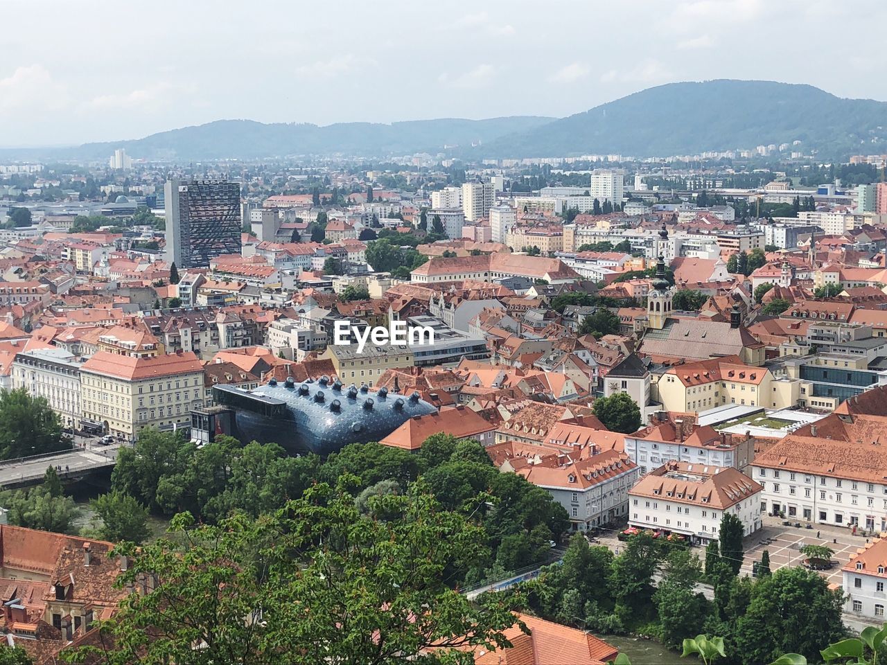 High angle shot of townscape against sky