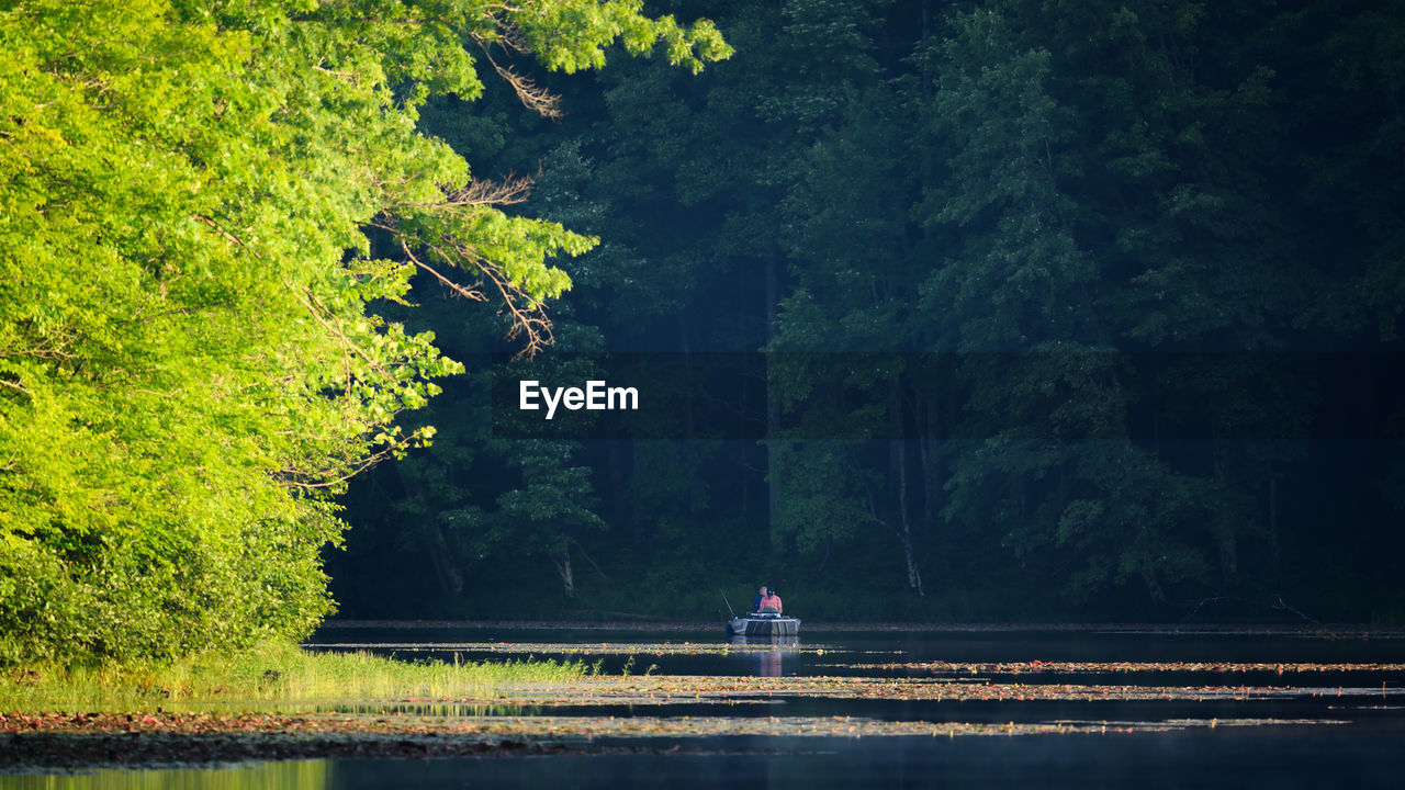 tree, plant, water, reflection, nature, beauty in nature, lake, forest, tranquility, morning, land, tranquil scene, one person, sunlight, scenics - nature, green, environment, adult, landscape, leaf, outdoors, men, growth, travel, lifestyles, leisure activity, non-urban scene, day, nautical vessel, autumn, sitting, foliage, relaxation, lush foliage, idyllic, holiday, women, travel destinations