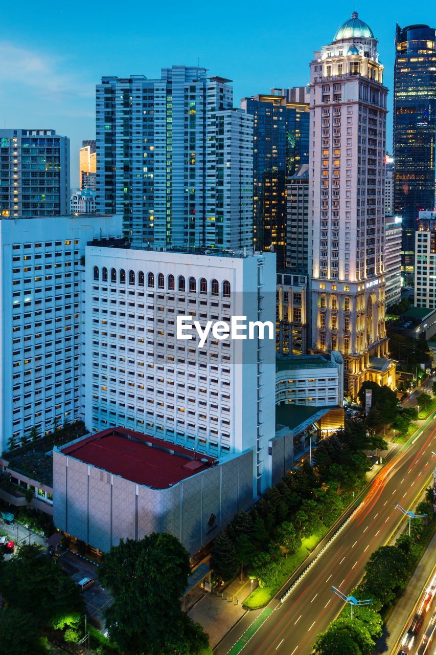 High angle view of buildings in city