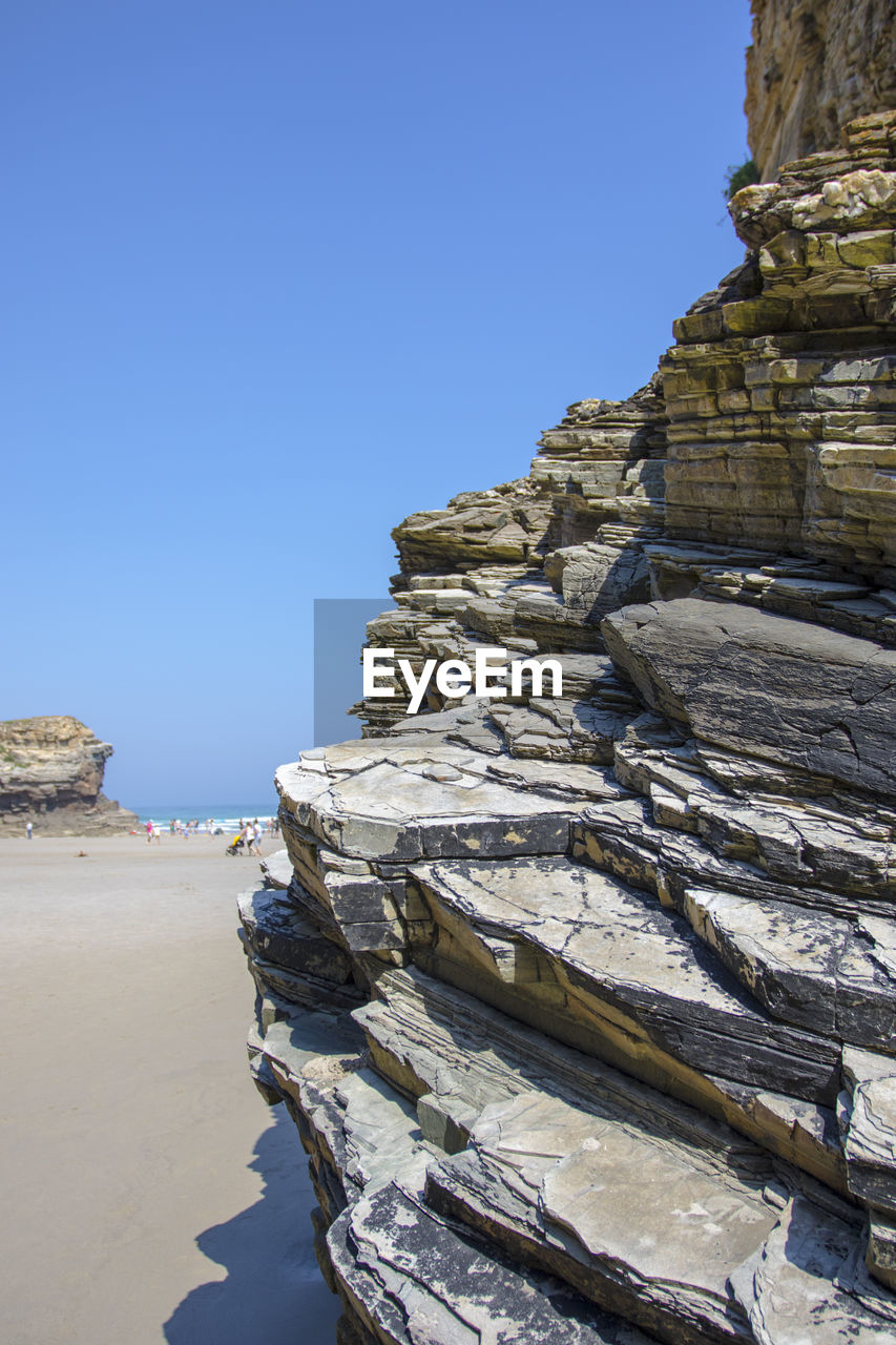 VIEW OF ROCKS ON BEACH AGAINST CLEAR SKY