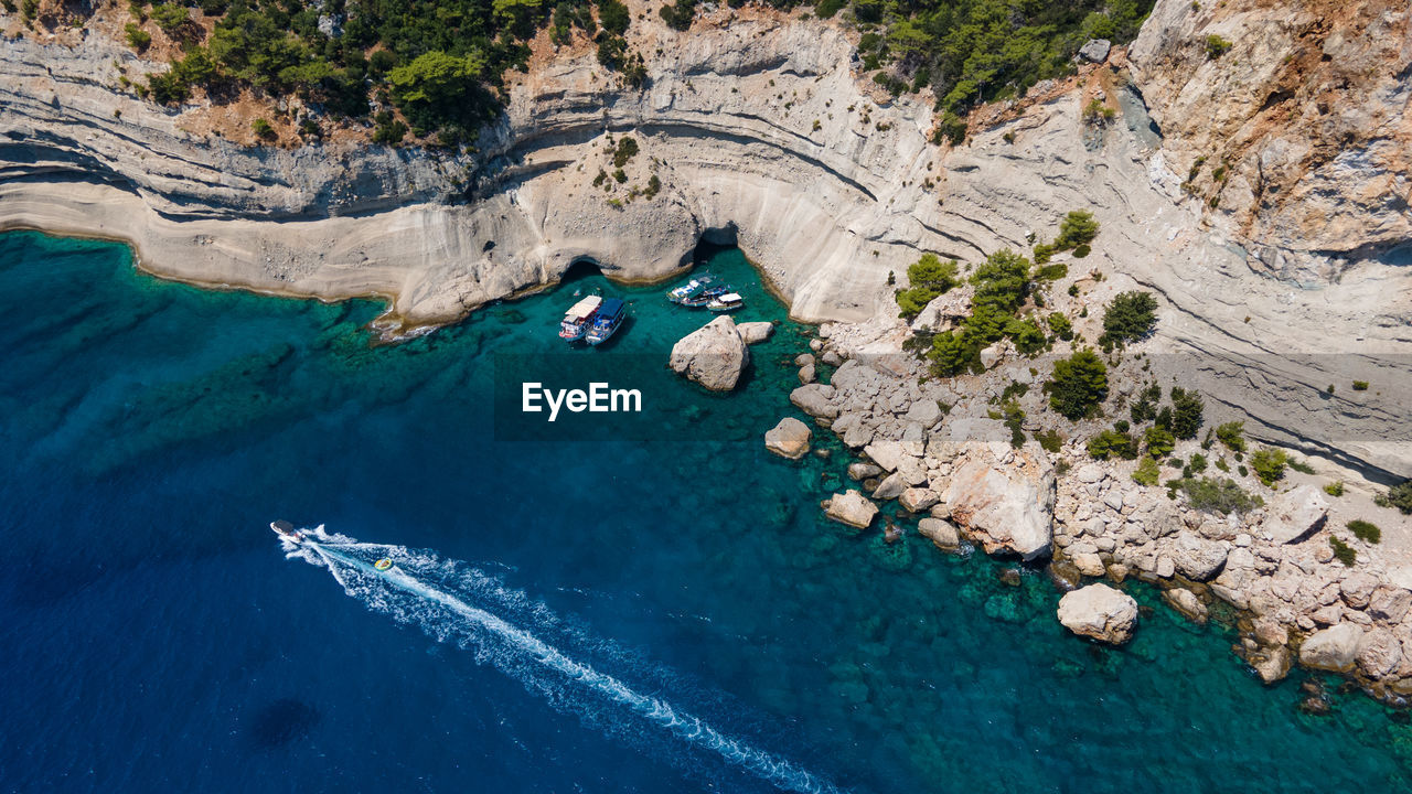 High angle view of rocks on beach