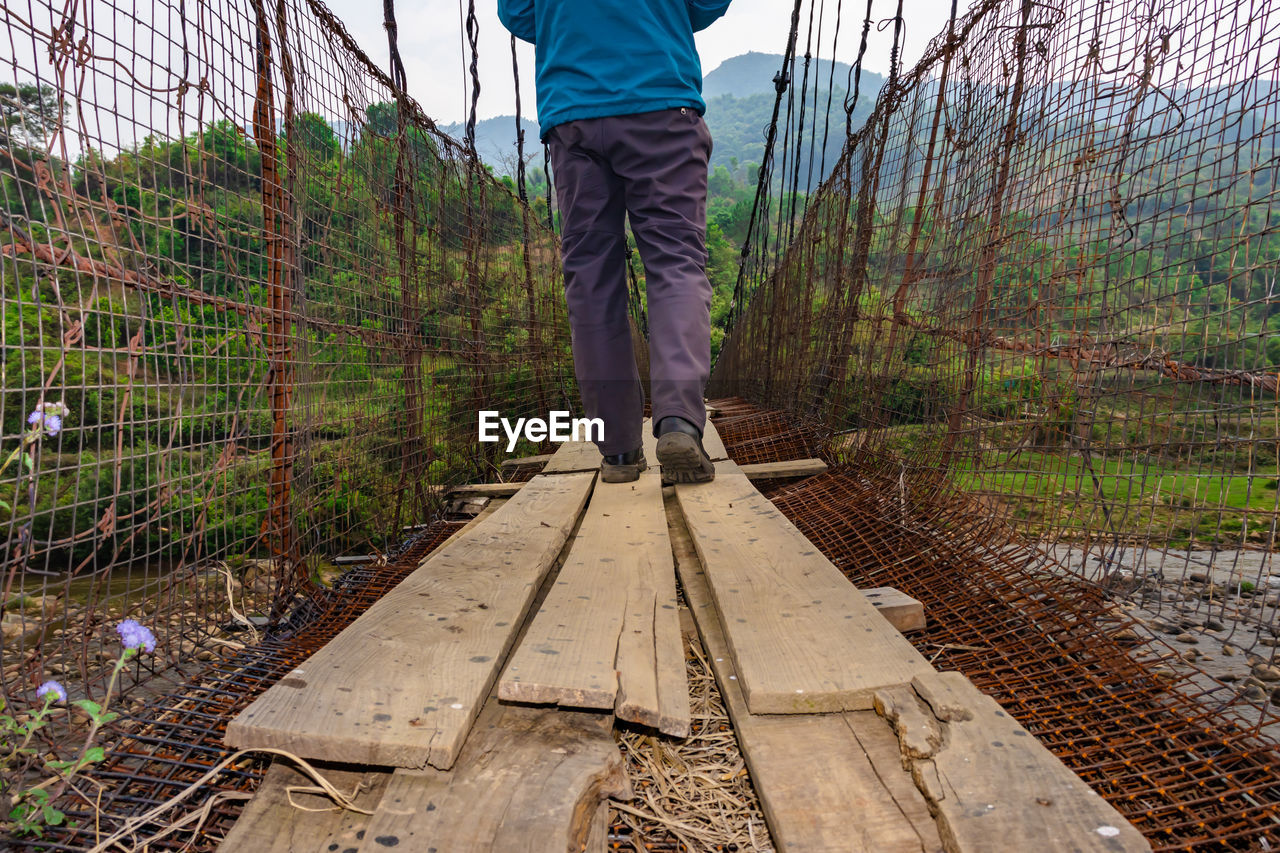 one person, track, men, tree, plant, standing, nature, day, casual clothing, soil, low section, land, leisure activity, adult, outdoors, outdoor structure, wood, lifestyles, forest, full length, rear view, sky, clothing, fence, person