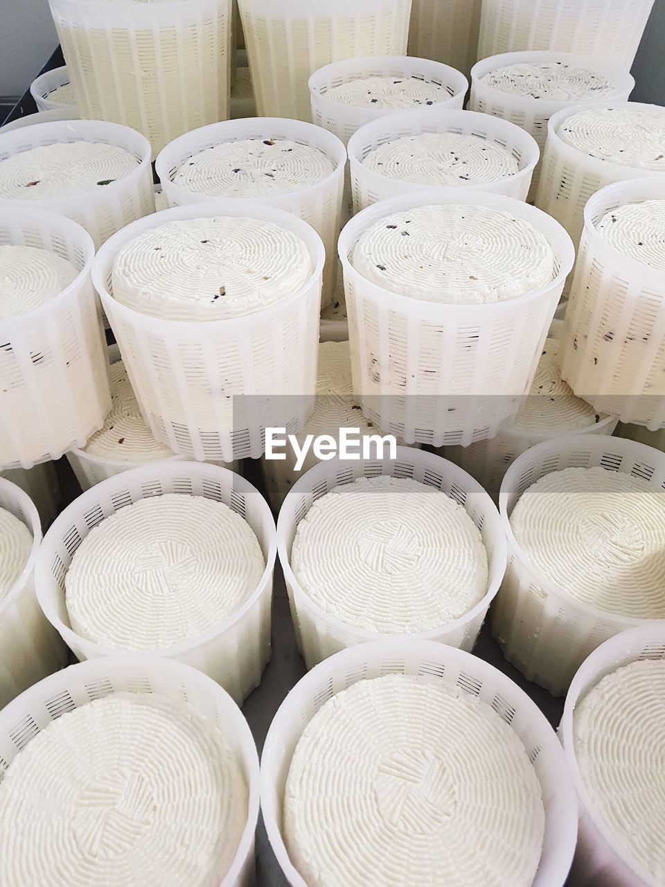 Fresh cheese in plastic molds on cheese factory in italy