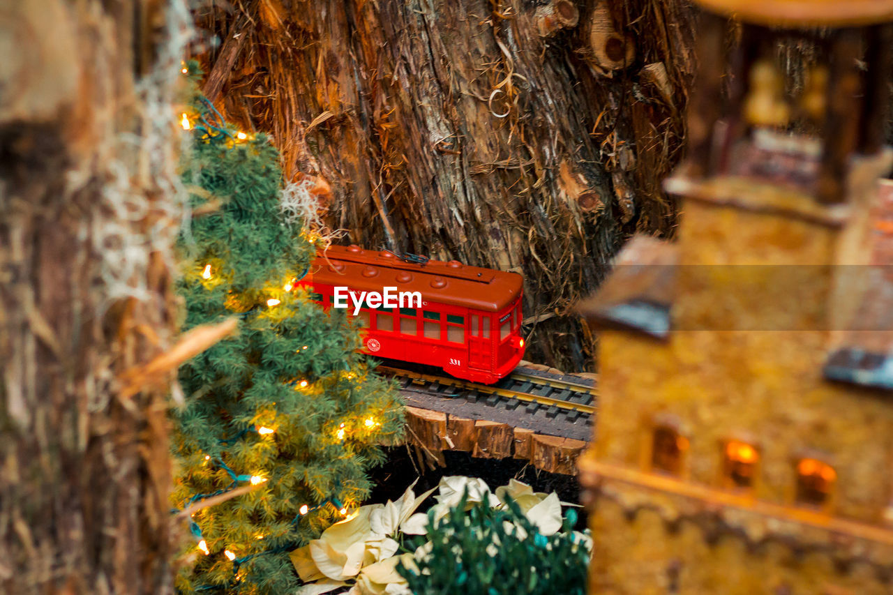 Model trolley train running in a train display