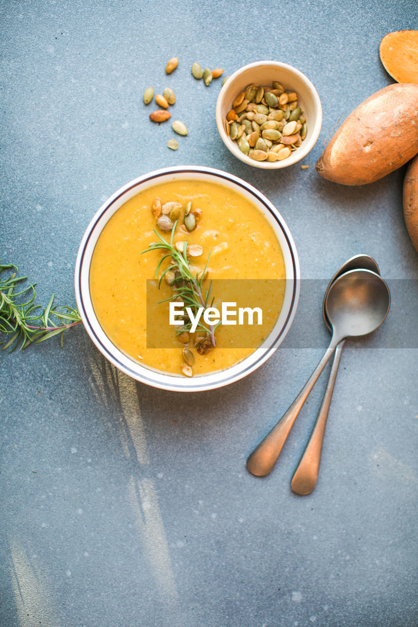high angle view of food in bowl on table