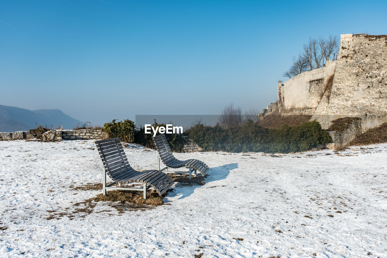 Abandoned building against clear sky during winter