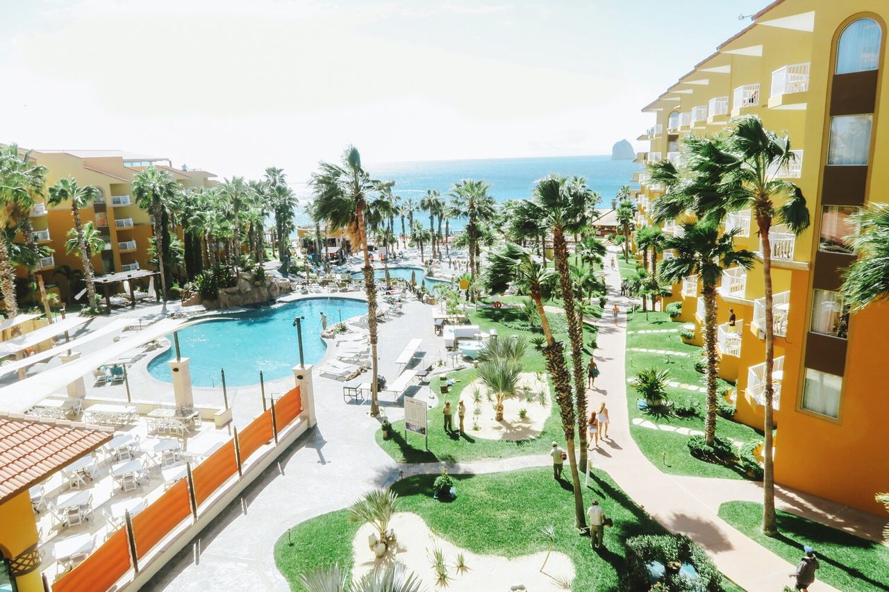 Panoramic view of swimming pool against sky