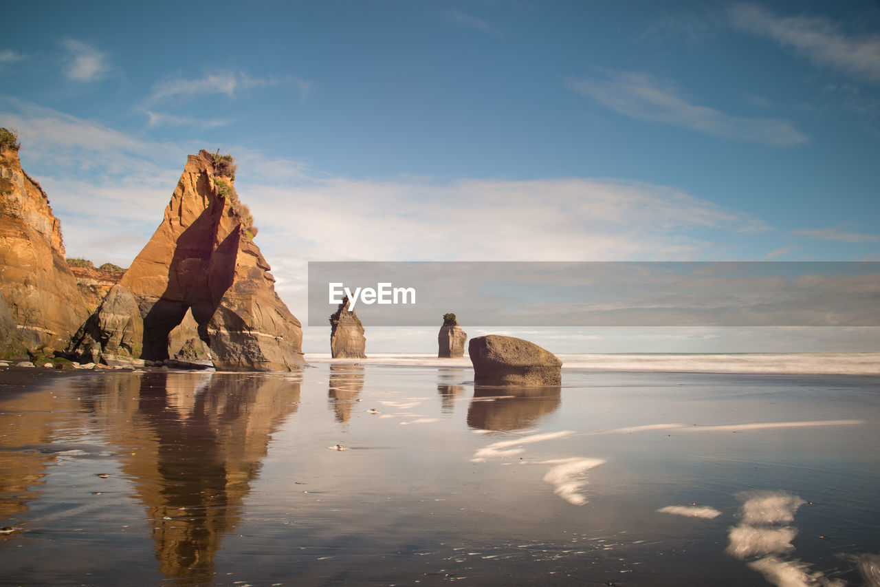 PANORAMIC VIEW OF ROCK FORMATIONS BY SEA AGAINST SKY