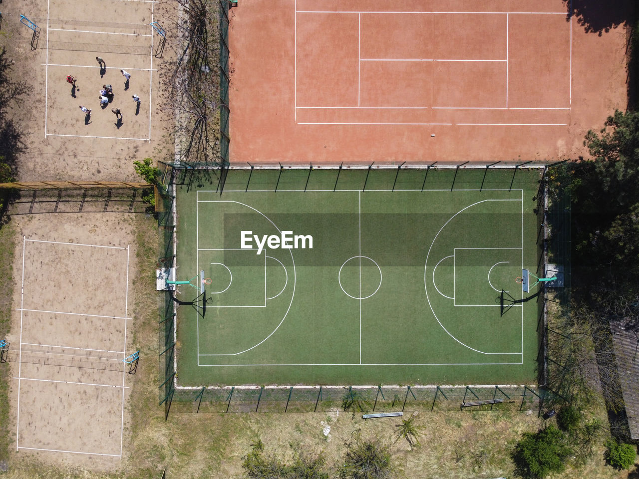 Football field, aerial copy space photo shot with a drone