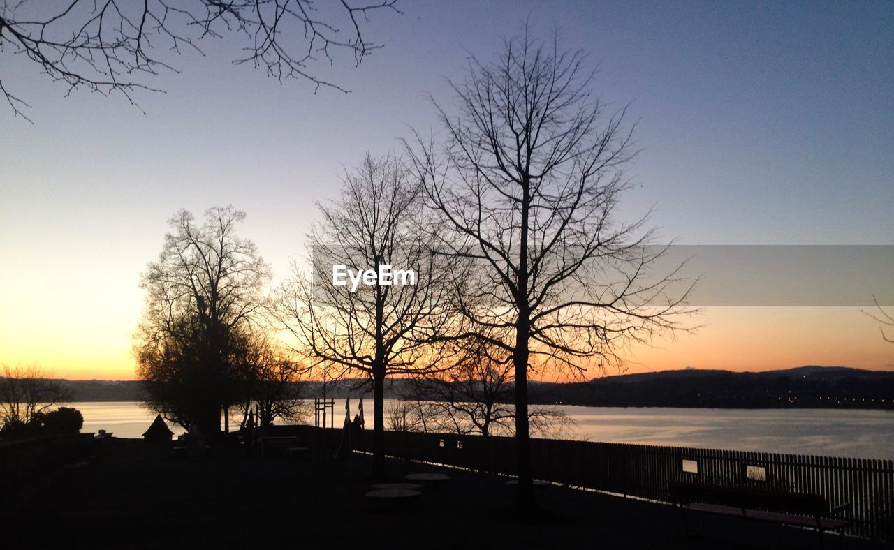 SILHOUETTE BARE TREES AT LAKESHORE AGAINST SKY DURING SUNSET