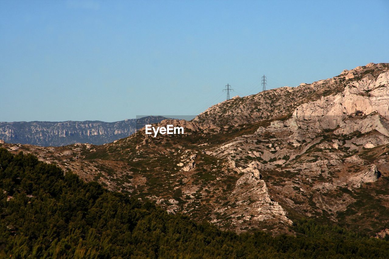 Low angle view of mountains against clear sky