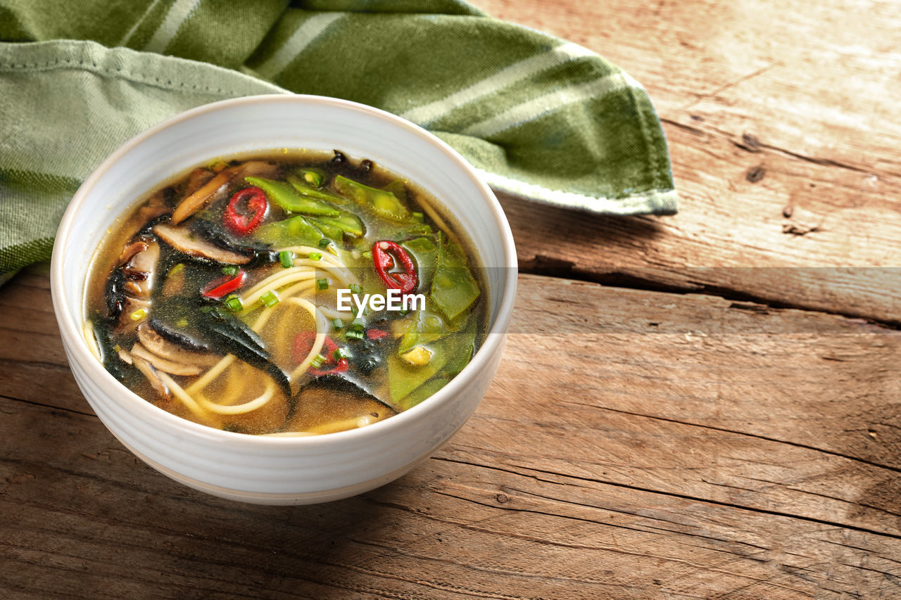 high angle view of food in bowl on table