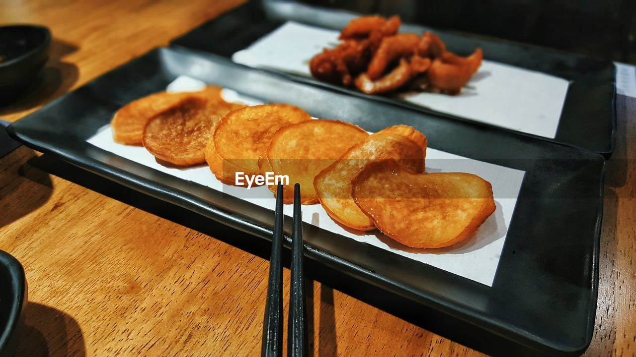 Close-up of food served in plate on table