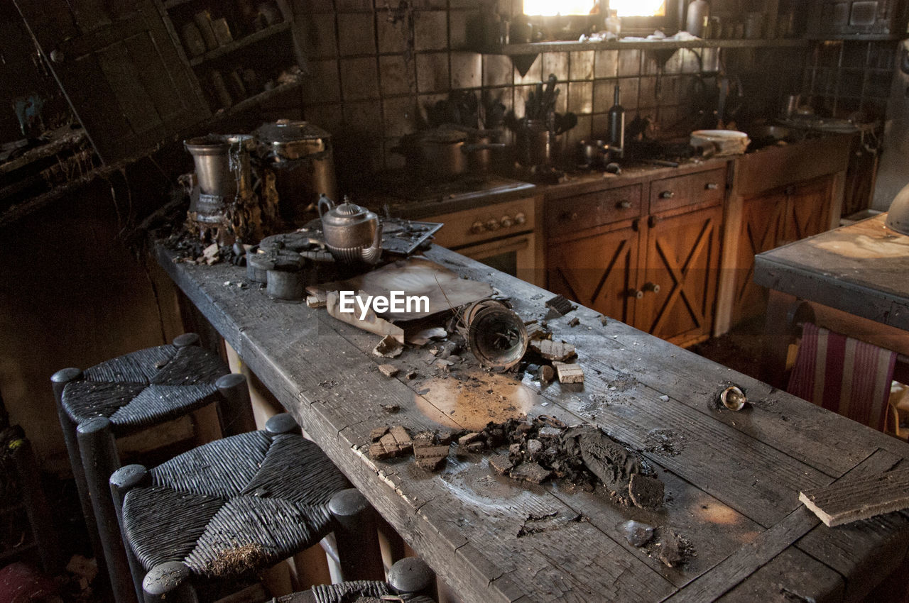 High angle view of abandoned kitchen in home