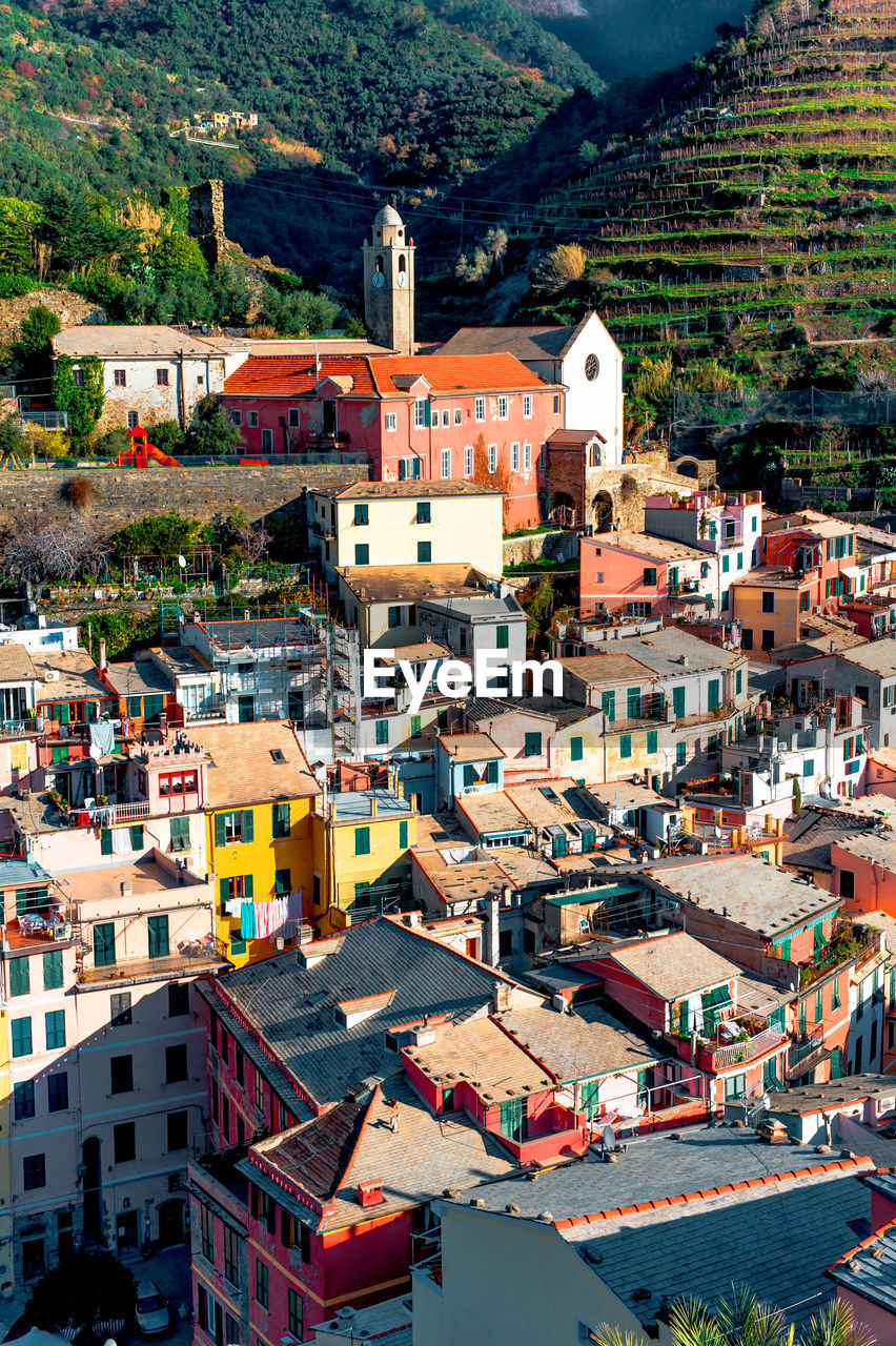 High angle view of houses in city