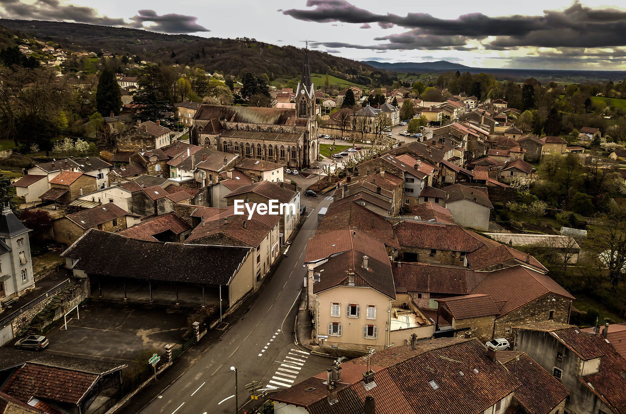 High angle view of townscape against sky