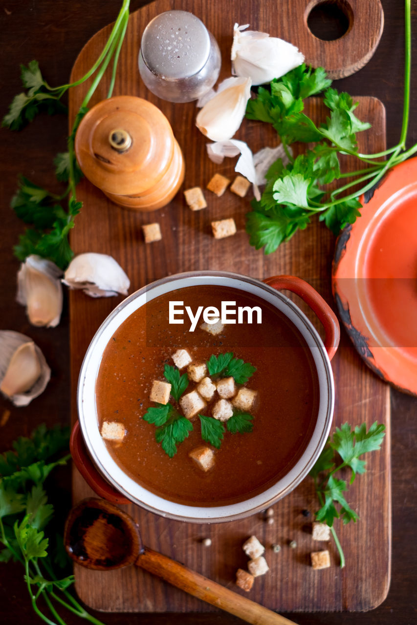 High angle view of tomato soup on the table