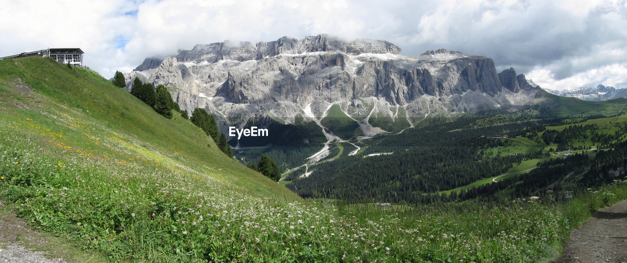 Scenic view of mountains against cloudy sky