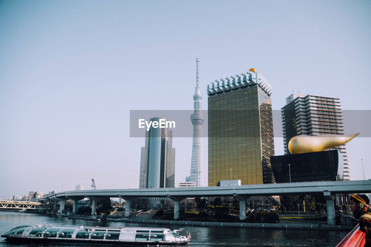 Low angle view of urban skyline against clear sky
