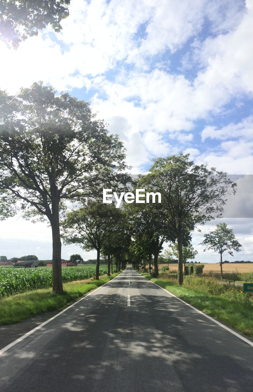 Road amidst trees against cloudy sky