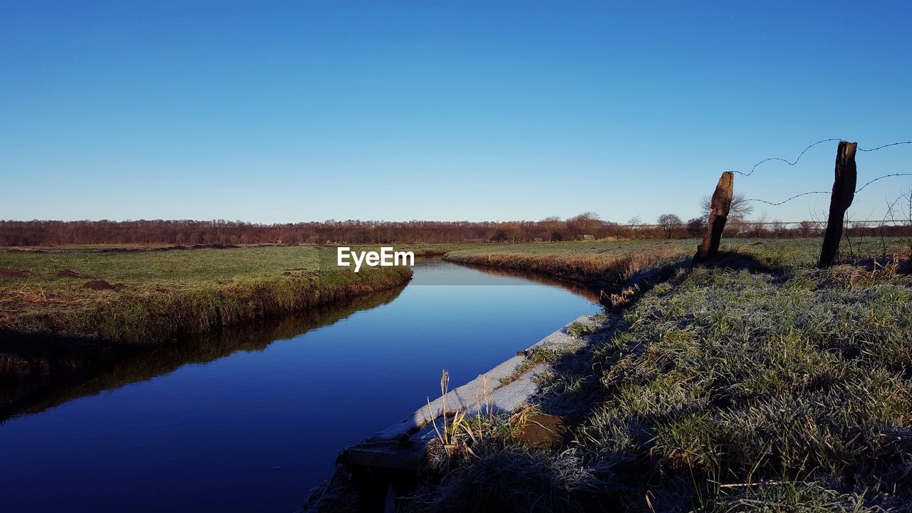 Scenic view of green landscape against clear blue sky