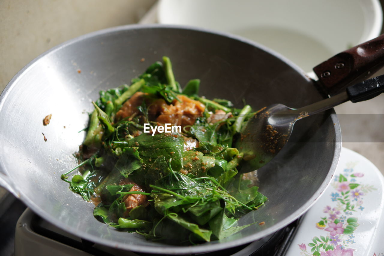 High angle view of vegetables in bowl on table