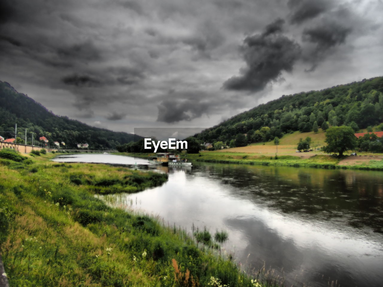 SCENIC VIEW OF LAKE AND PLANTS AGAINST CLOUDY SKY