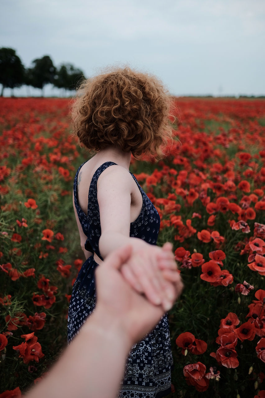 Cropped image of boyfriend holding girlfriend hands amidst flowers against sky
