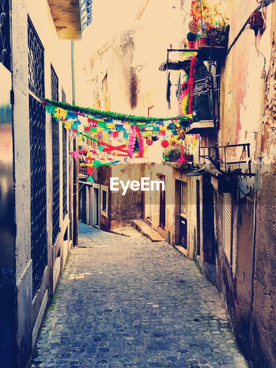 Empty narrow cobblestone alley along apartments of old town 