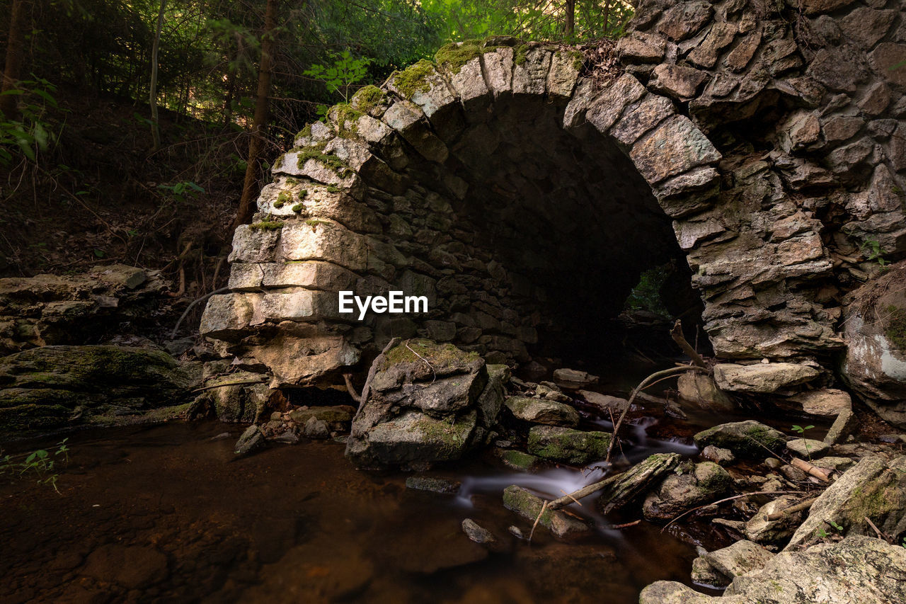 Arch bridge over river in forest