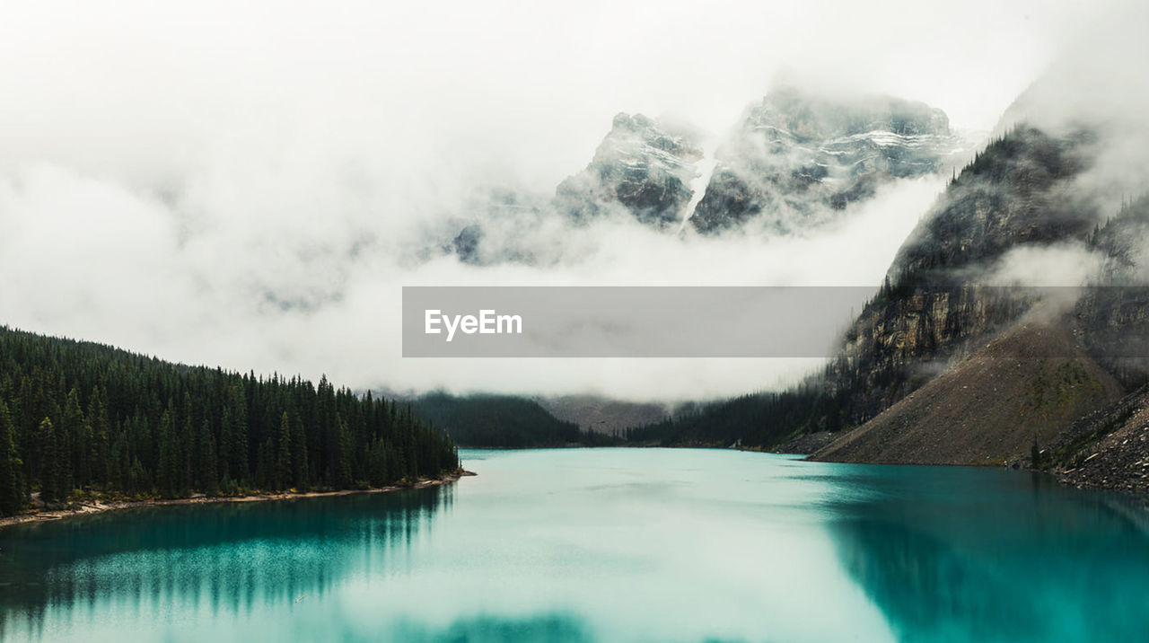 Scenic view of lake by trees against sky