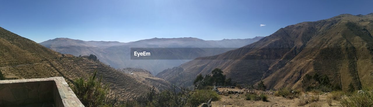 Panoramic view of mountains against clear sky