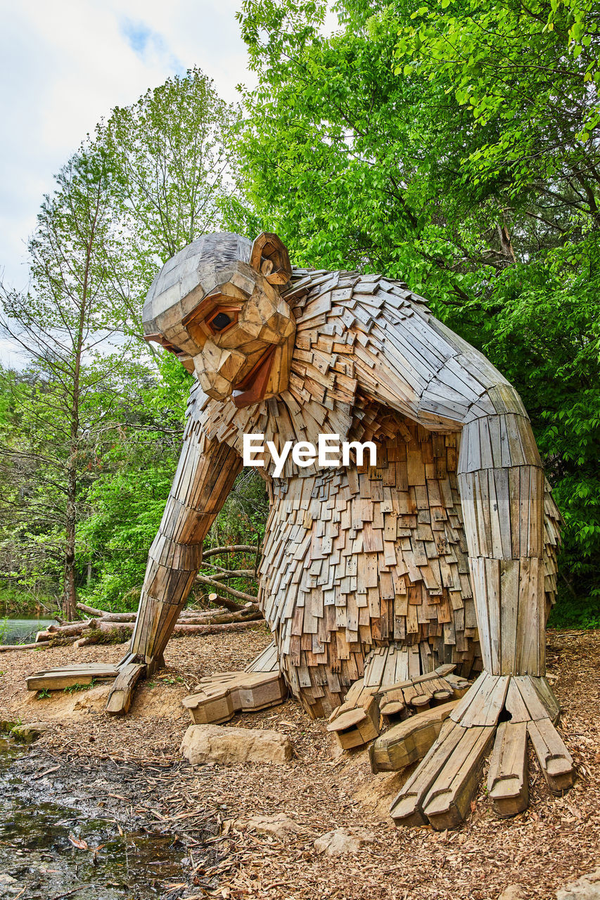 tree, plant, chainsaw carving, sculpture, nature, day, wood, animal, no people, agriculture, animal themes, statue, outdoors, art, craft, forest, jungle, sky, representation, land