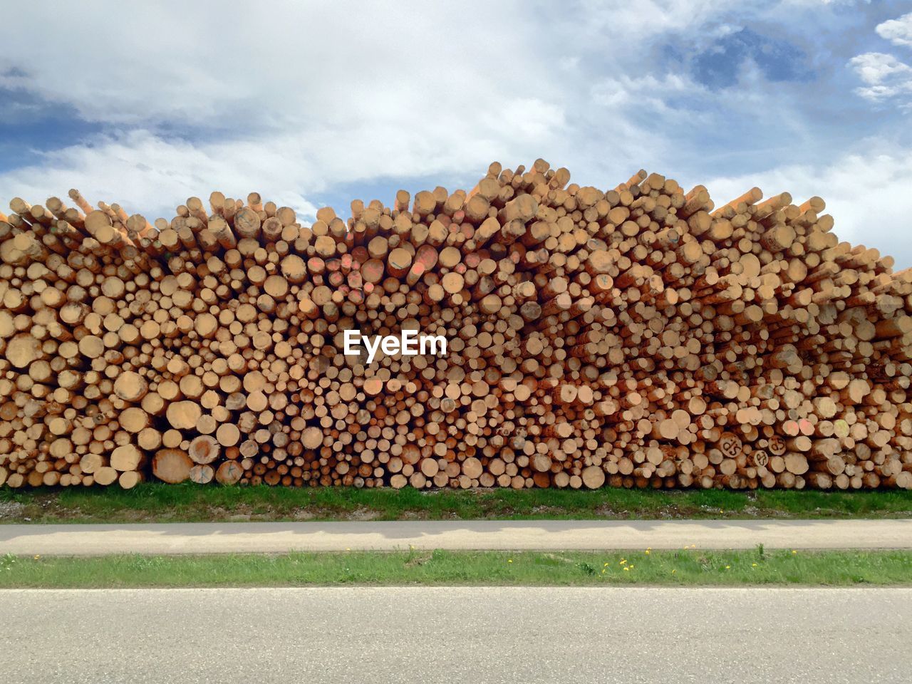 Stack of logs against cloudy sky