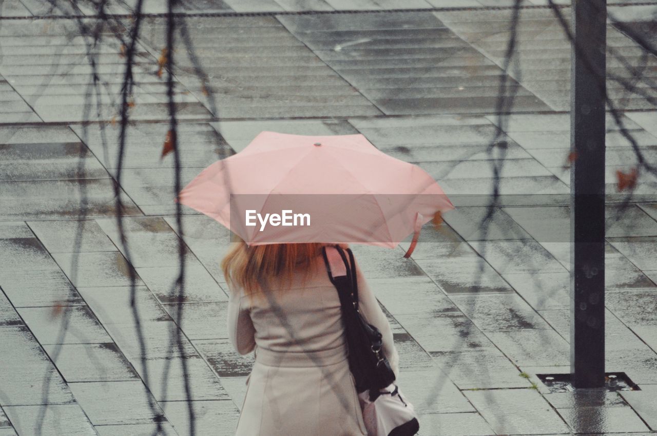 Rear view of woman holding umbrella on footpath