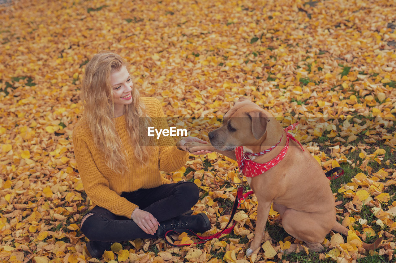 Woman with dog sitting on autumn leaves