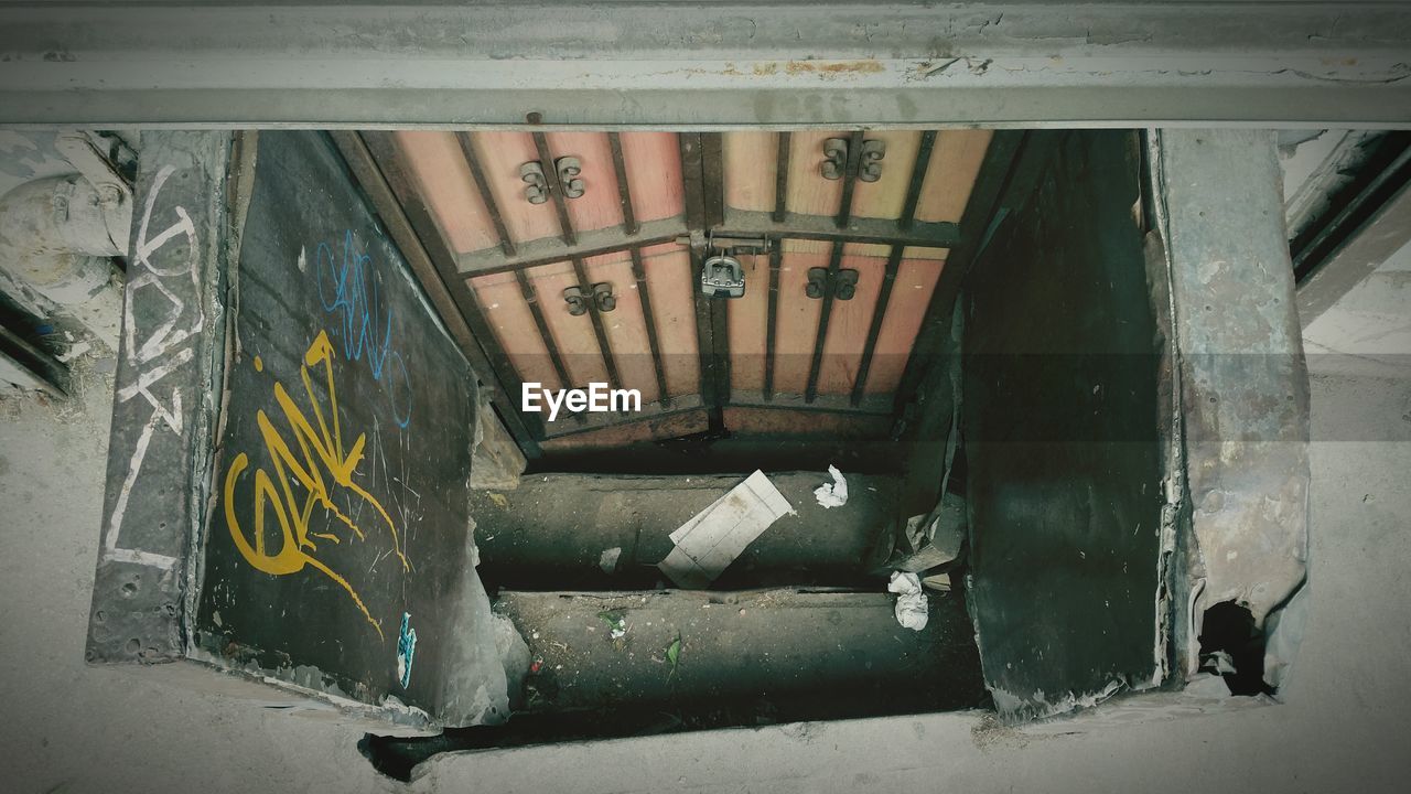 High angle view of closed door of house