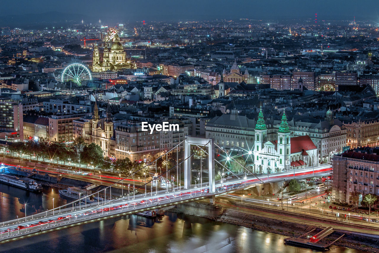 Budapest aerial night panorama over saint istvan cathedral, hungary