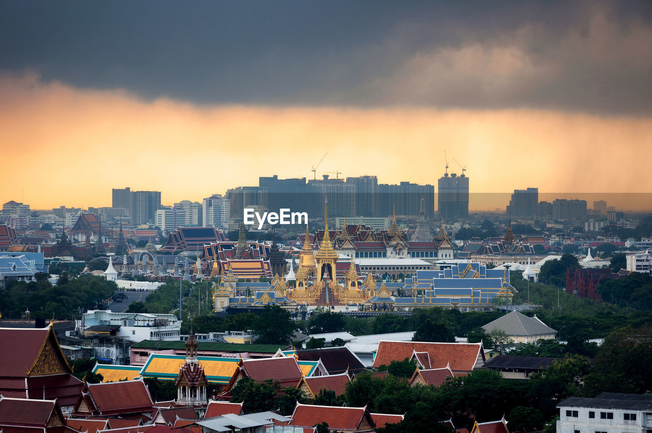 High angle view of townscape against sky during sunset