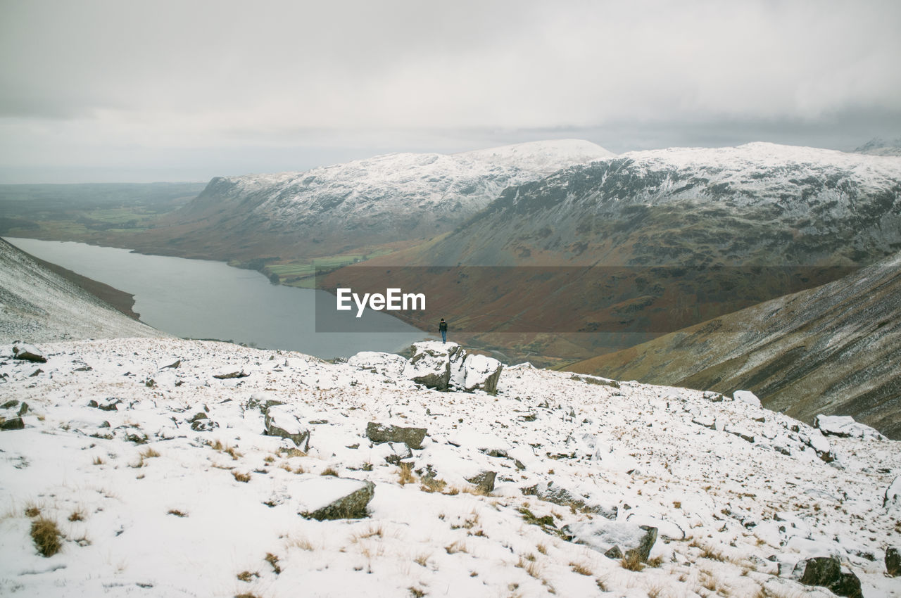 Scenic view of snow covered mountains and lake against sky