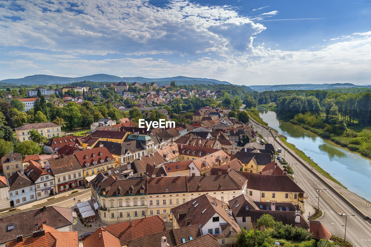 View of melk town with priver from abbey, austria
