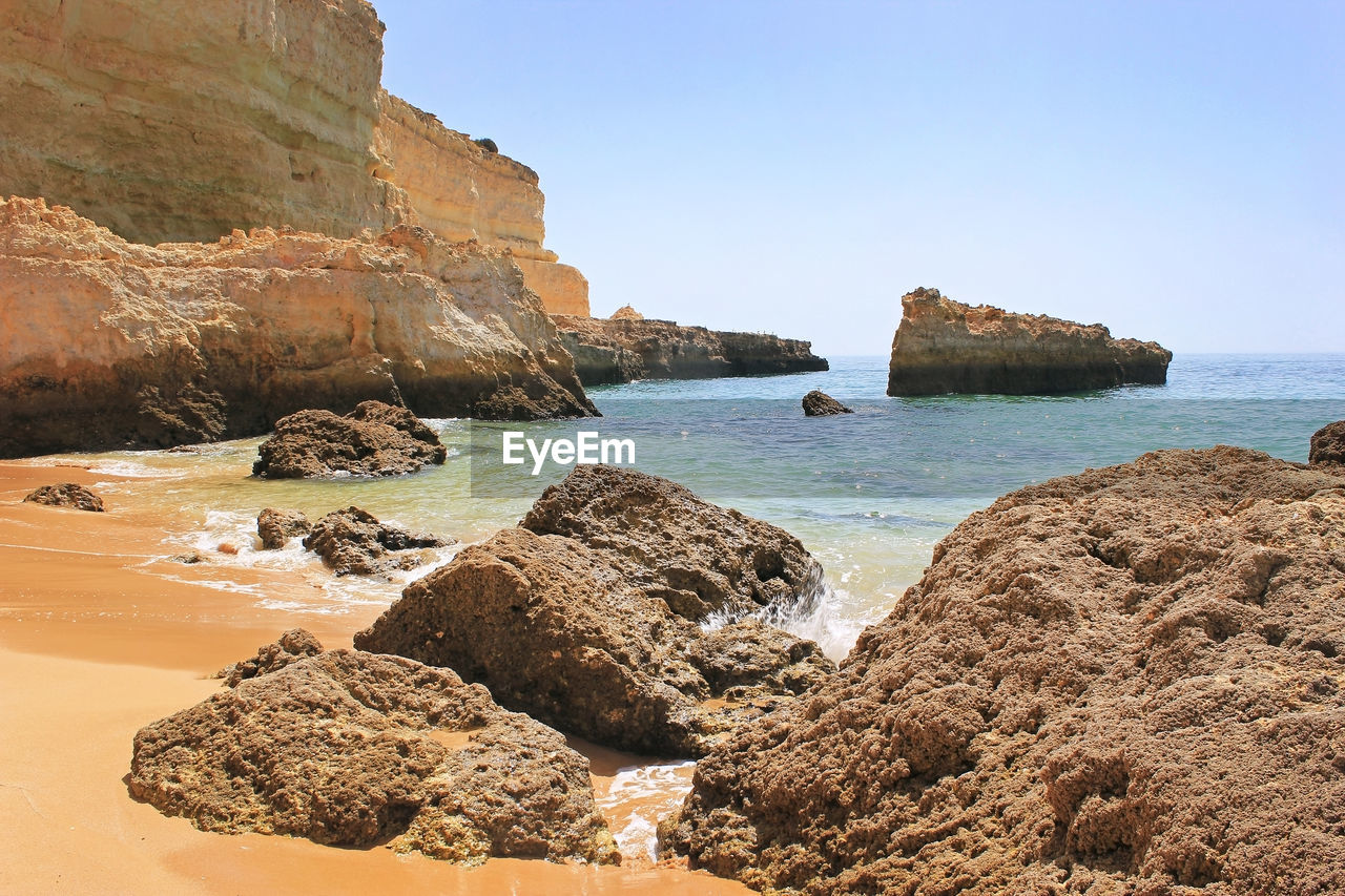 VIEW OF ROCKS ON BEACH AGAINST SKY