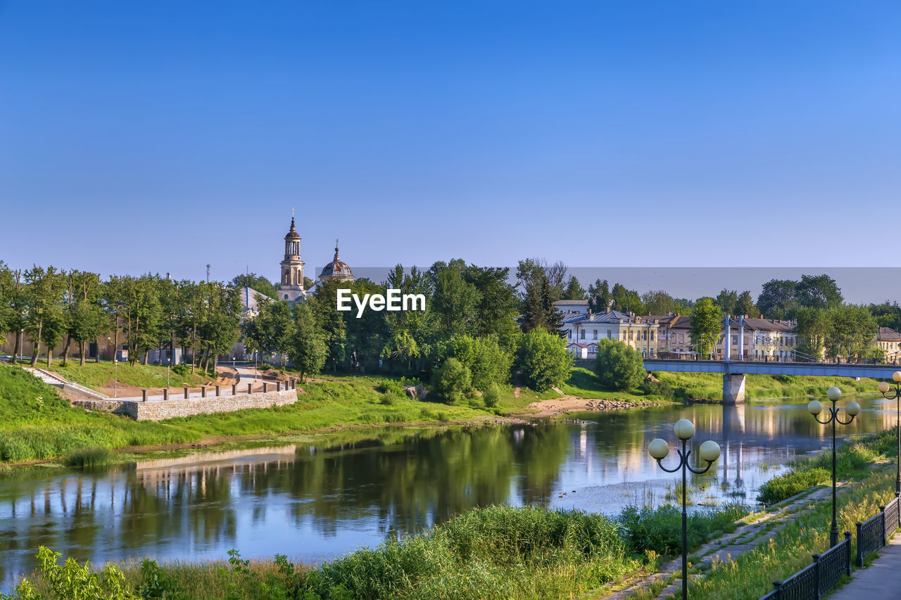 View of torzhok with tvertsa river in summer, russia