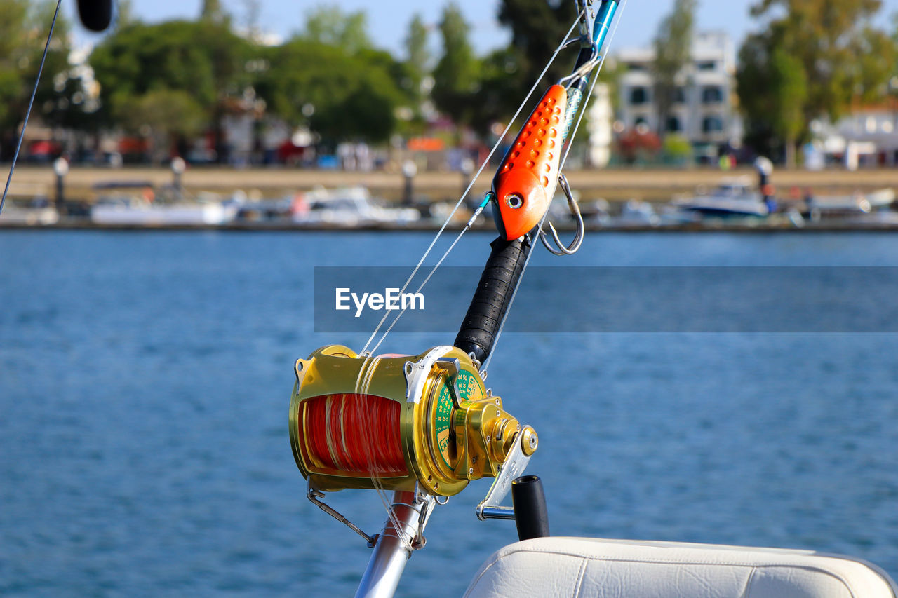 Deep sea fishing reel on a boat