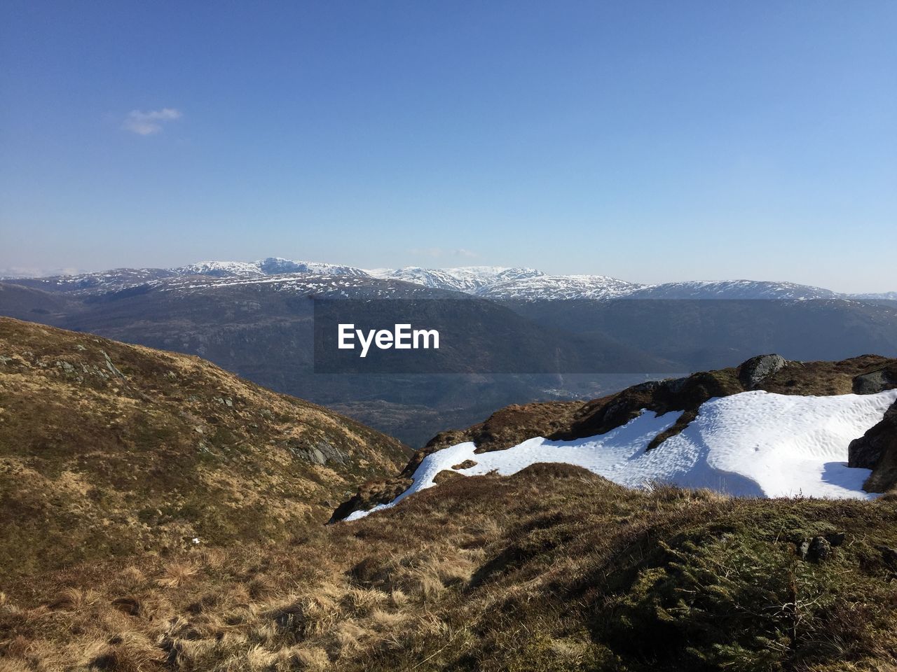 Scenic view of snowcapped mountains against clear sky