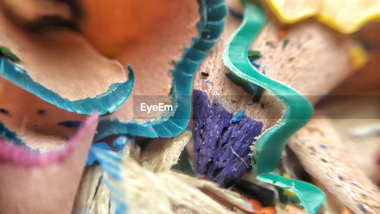 Close-up of colorful pencil shavings